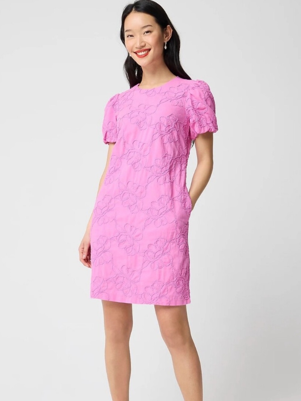 J. Crew Women’s NWT Pink Embroidered Puff Sleeve Mini Dress (100% Cotton)